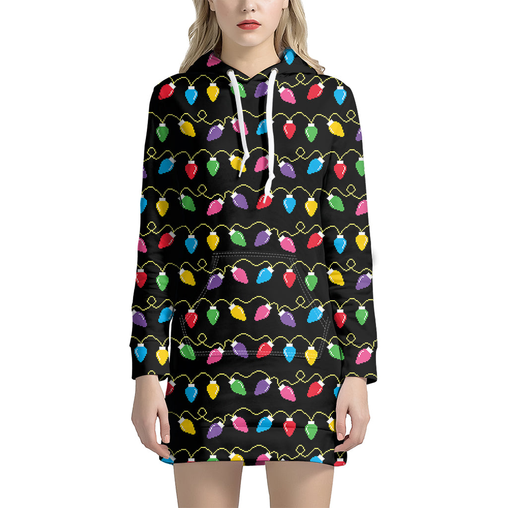 Pixel Christmas Lights Print Women's Pullover Hoodie Dress