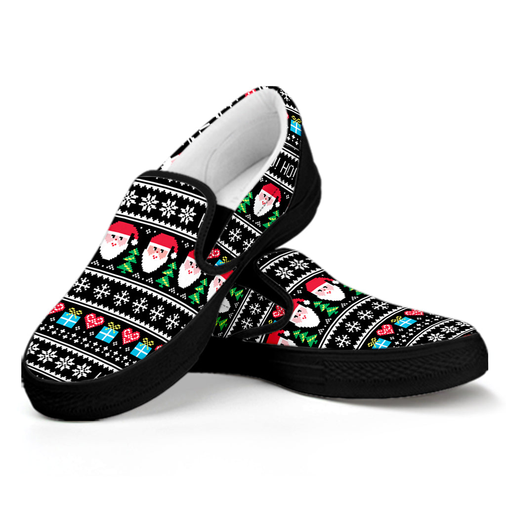 Pixel Christmas Santa Claus Print Black Slip On Shoes