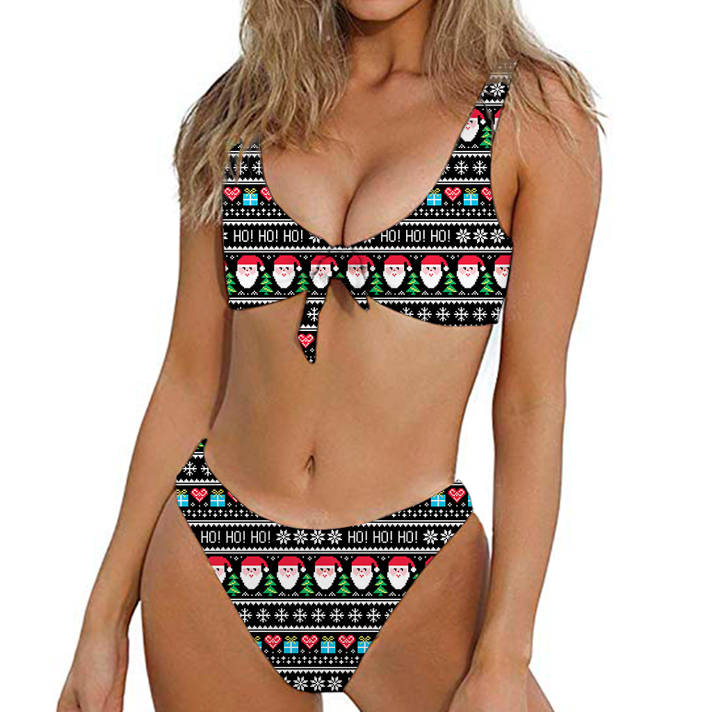 Pixel Christmas Santa Claus Print Front Bow Tie Bikini