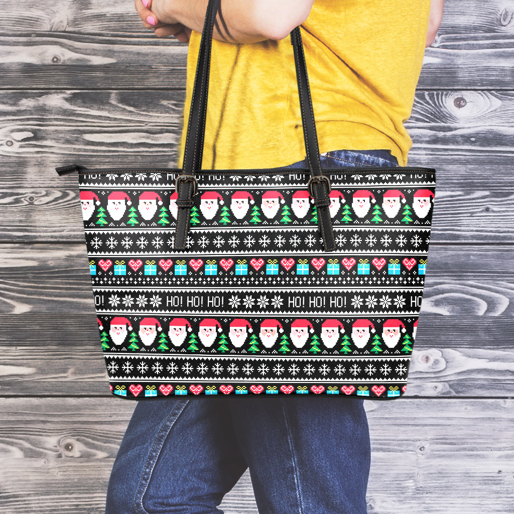 Pixel Christmas Santa Claus Print Leather Tote Bag