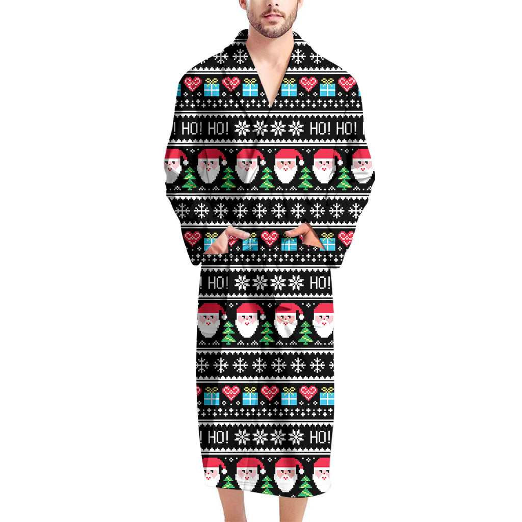 Pixel Christmas Santa Claus Print Men's Bathrobe