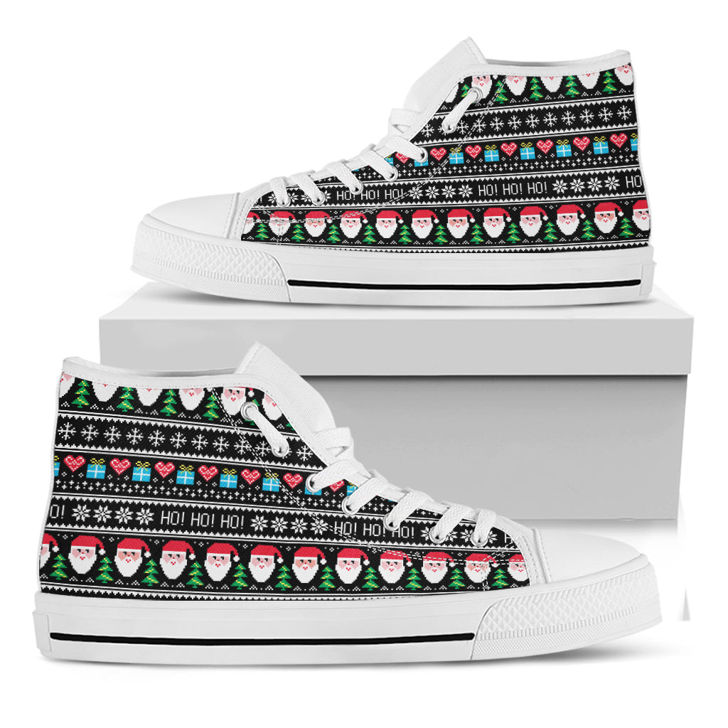 Pixel Christmas Santa Claus Print White High Top Shoes