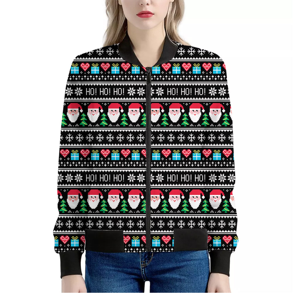 Pixel Christmas Santa Claus Print Women's Bomber Jacket