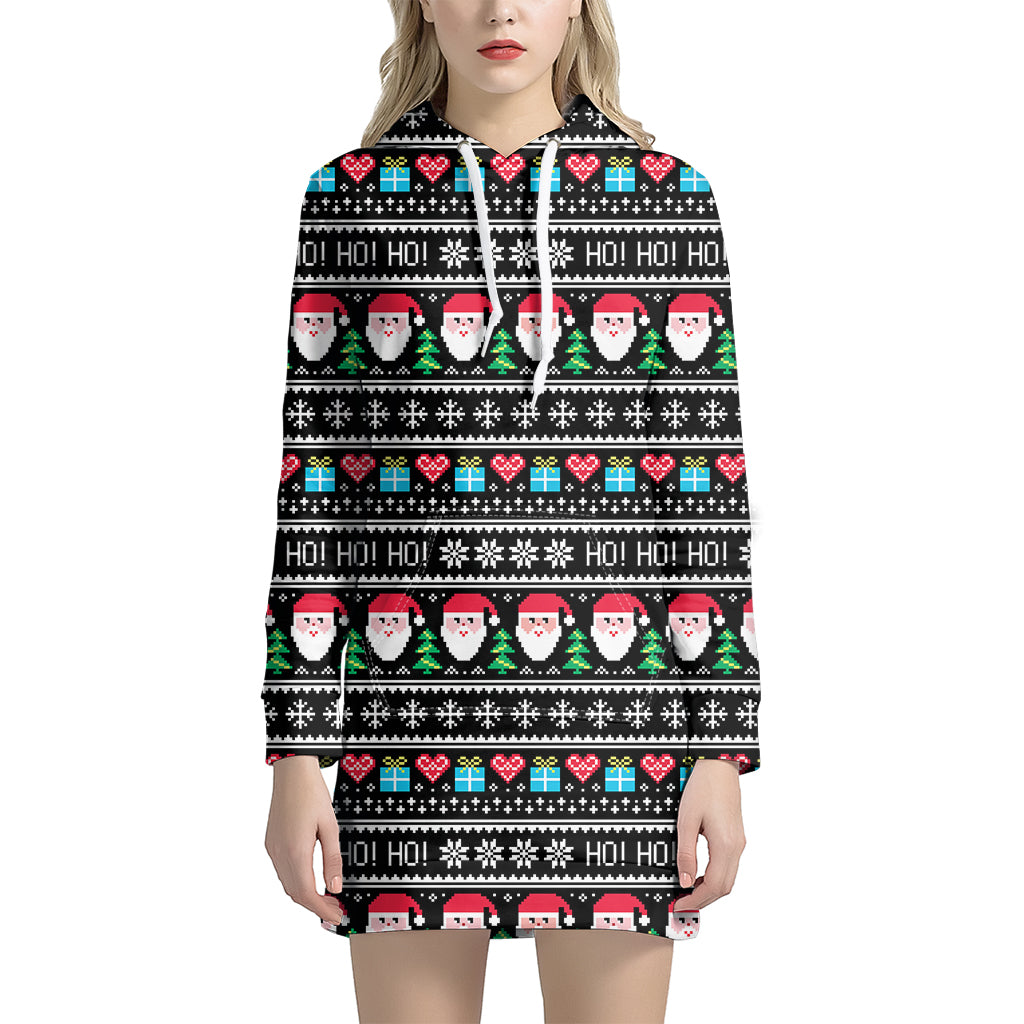 Pixel Christmas Santa Claus Print Women's Pullover Hoodie Dress