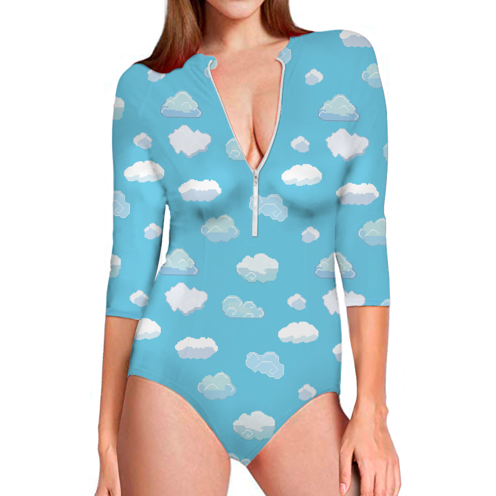 Pixel Cloud Pattern Print Long Sleeve One Piece Swimsuit