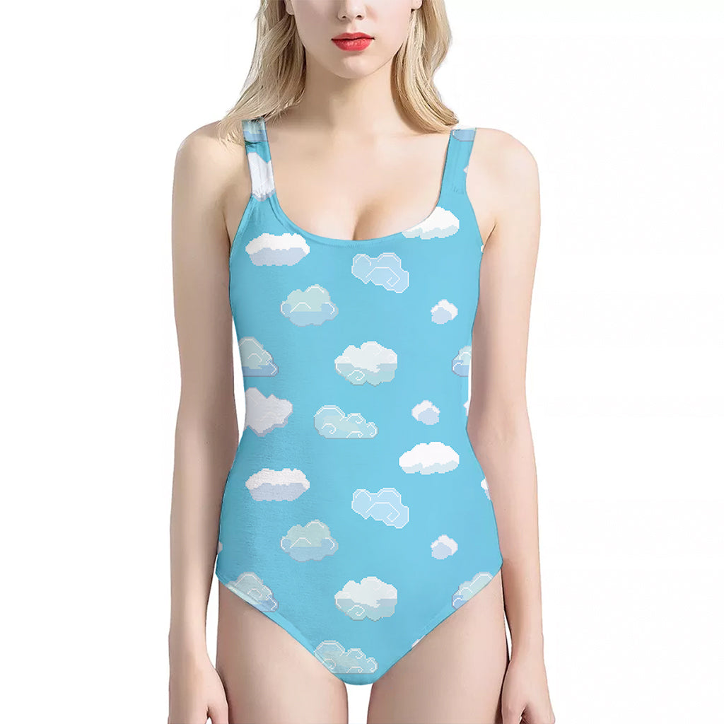 Pixel Cloud Pattern Print One Piece Halter Neck Swimsuit