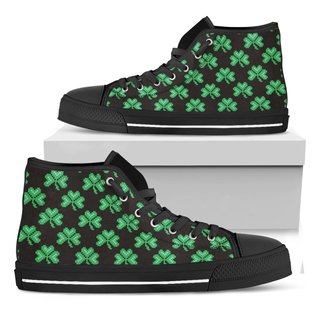 Pixel Clover St. Patrick's Day Print Black High Top Shoes