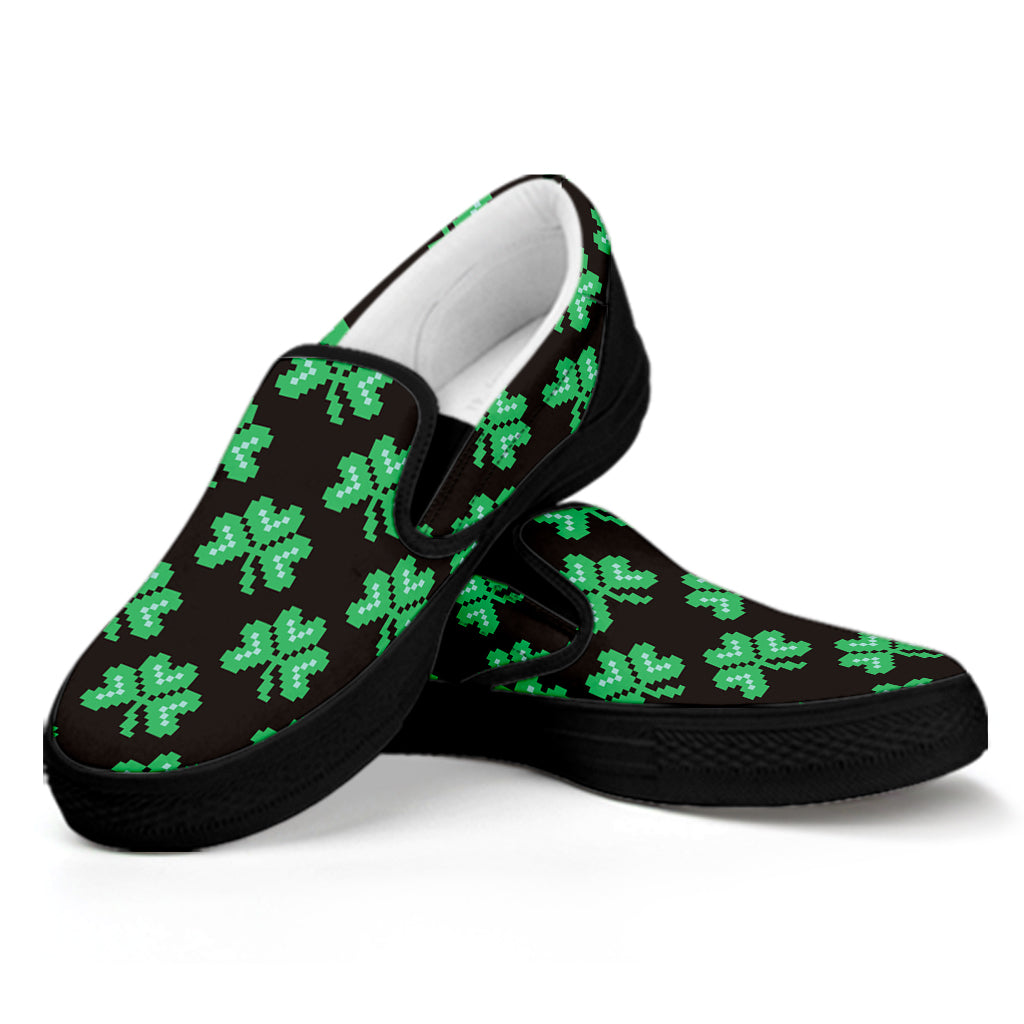 Pixel Clover St. Patrick's Day Print Black Slip On Shoes