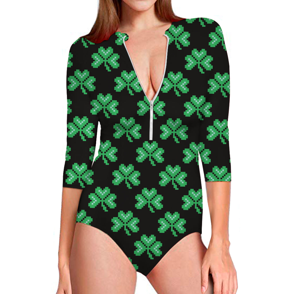 Pixel Clover St. Patrick's Day Print Long Sleeve One Piece Swimsuit