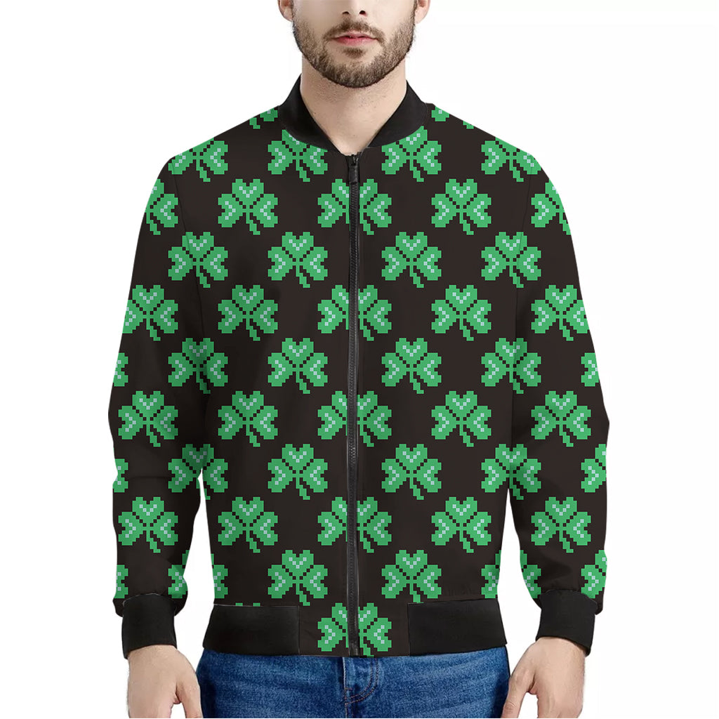 Pixel Clover St. Patrick's Day Print Men's Bomber Jacket