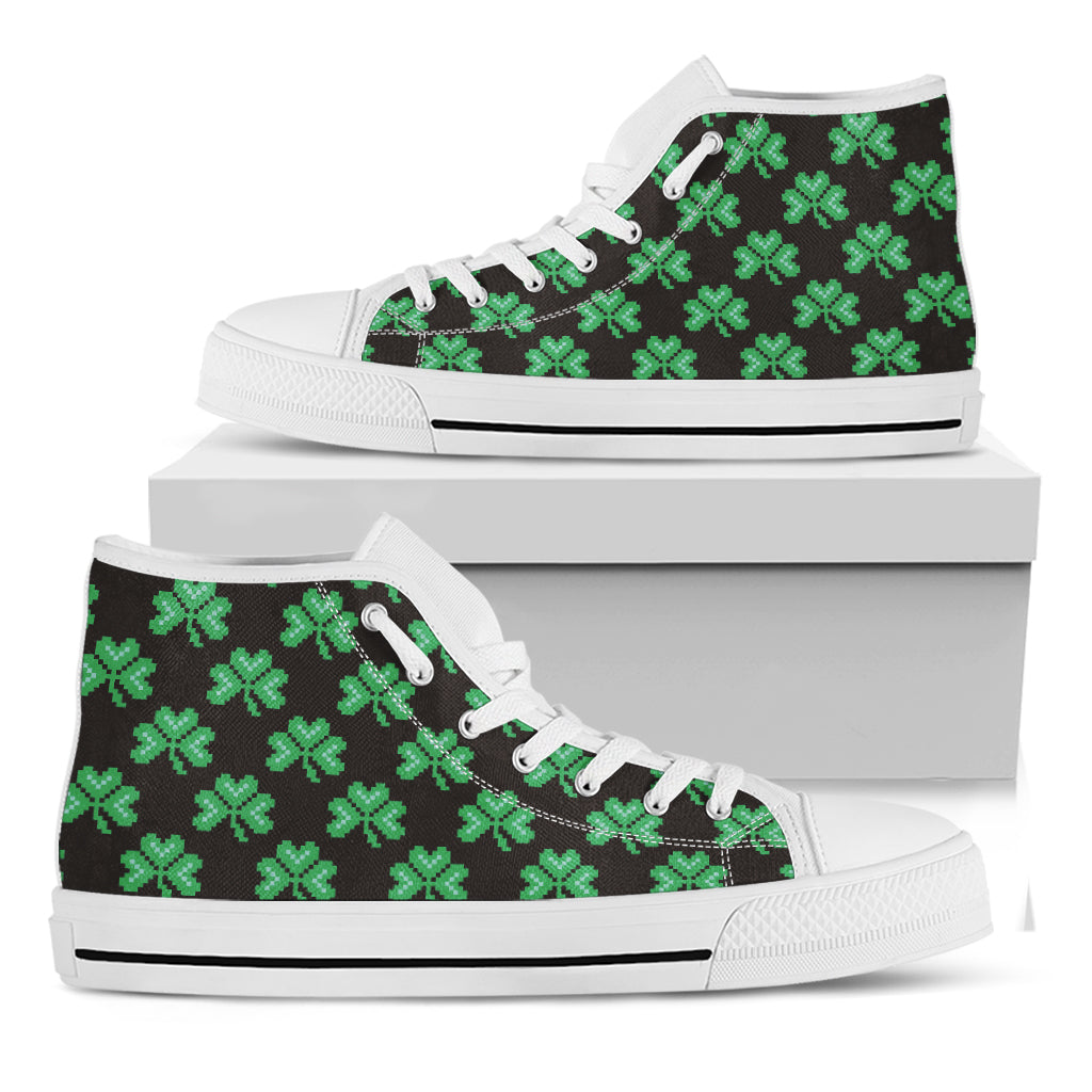 Pixel Clover St. Patrick's Day Print White High Top Shoes