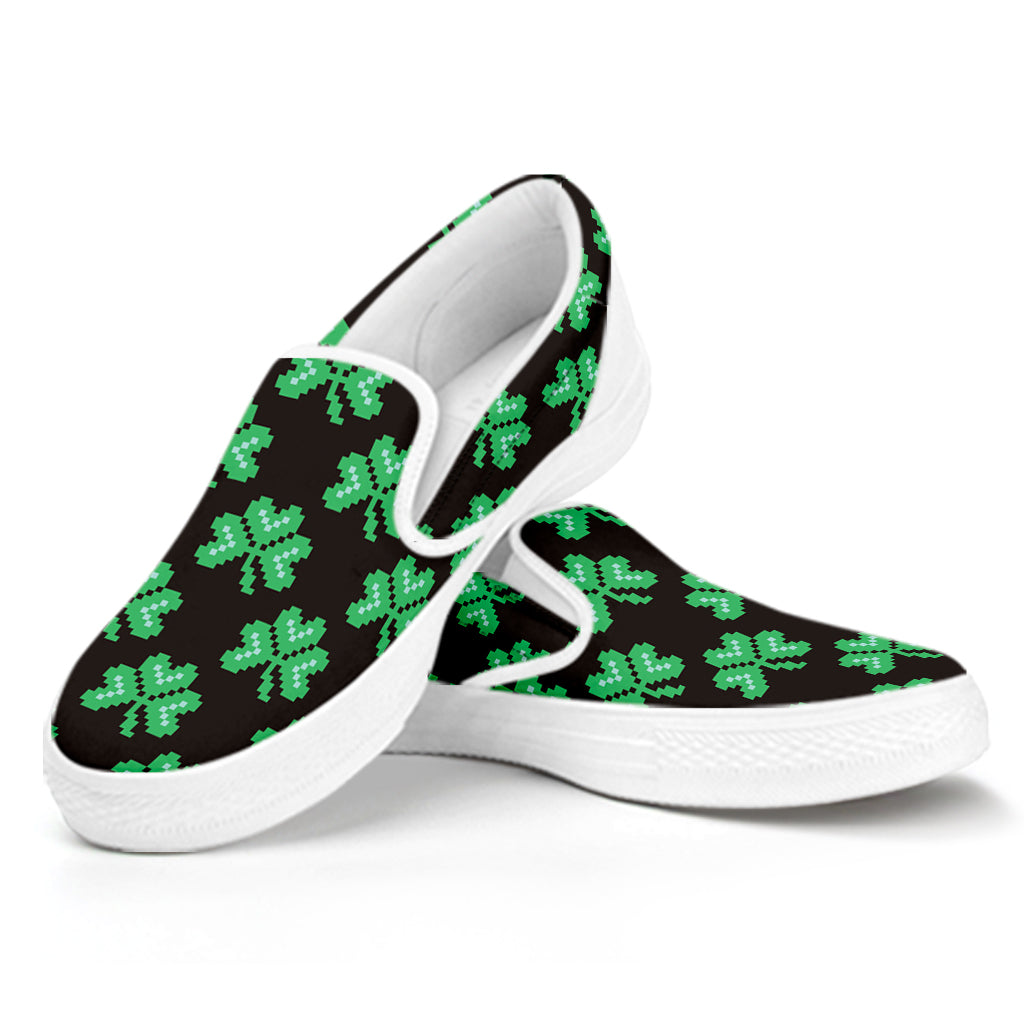 Pixel Clover St. Patrick's Day Print White Slip On Shoes