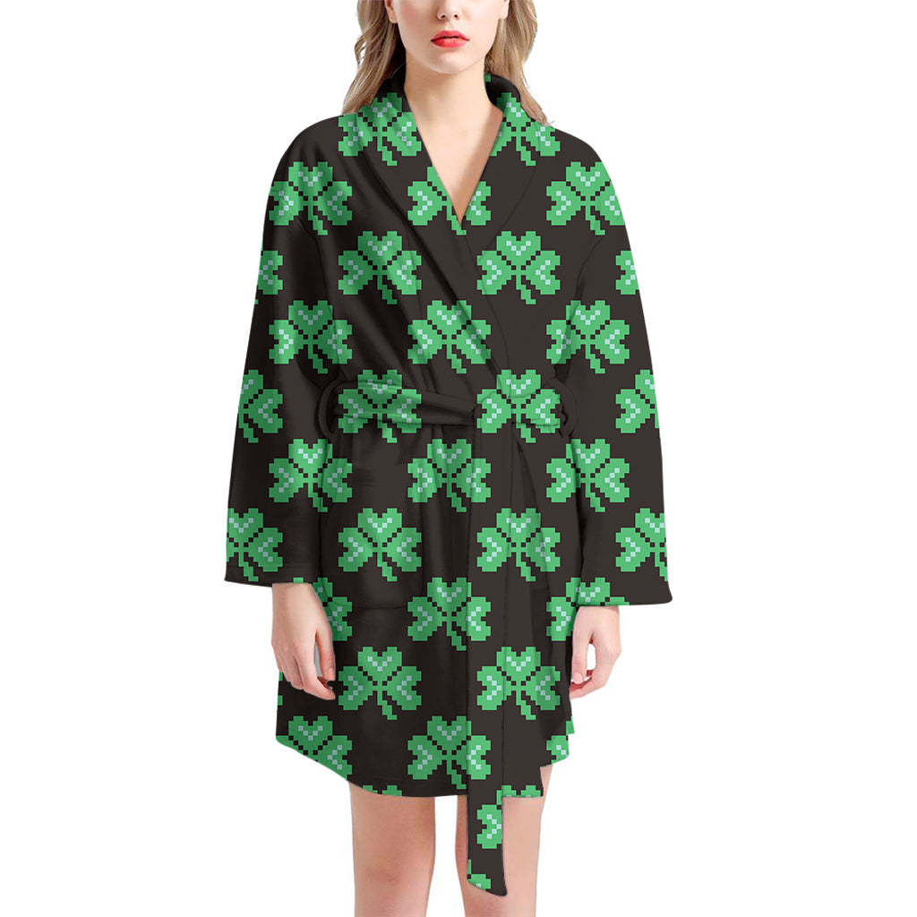 Pixel Clover St. Patrick's Day Print Women's Bathrobe