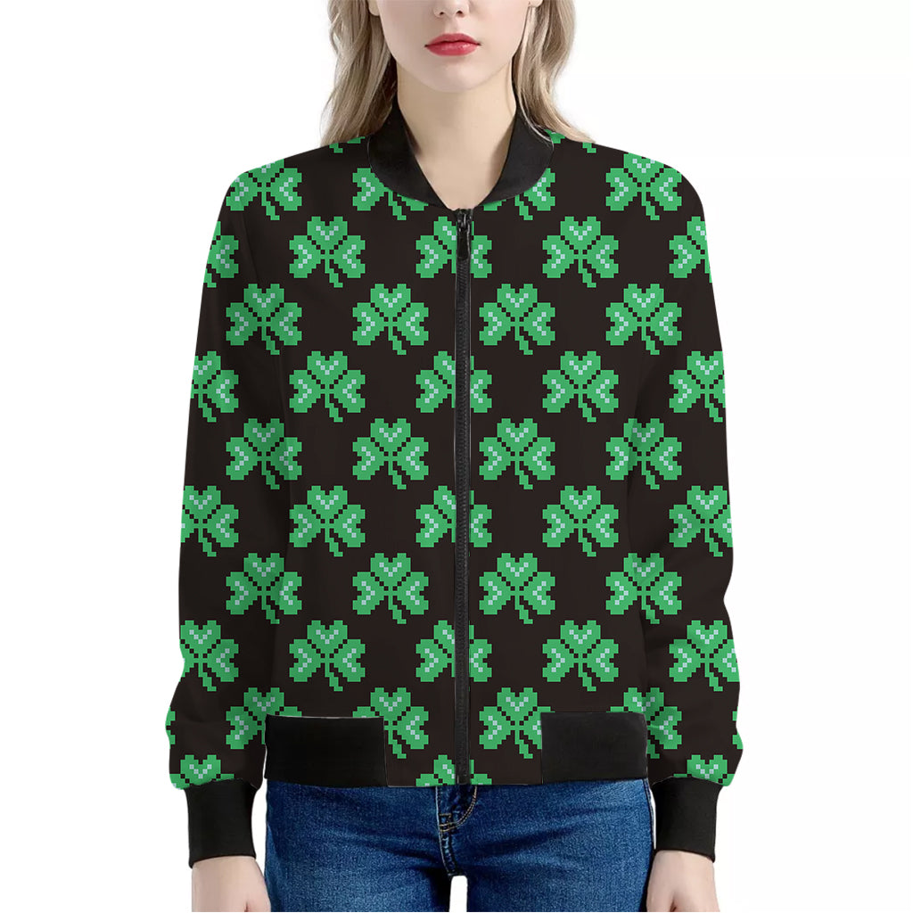 Pixel Clover St. Patrick's Day Print Women's Bomber Jacket