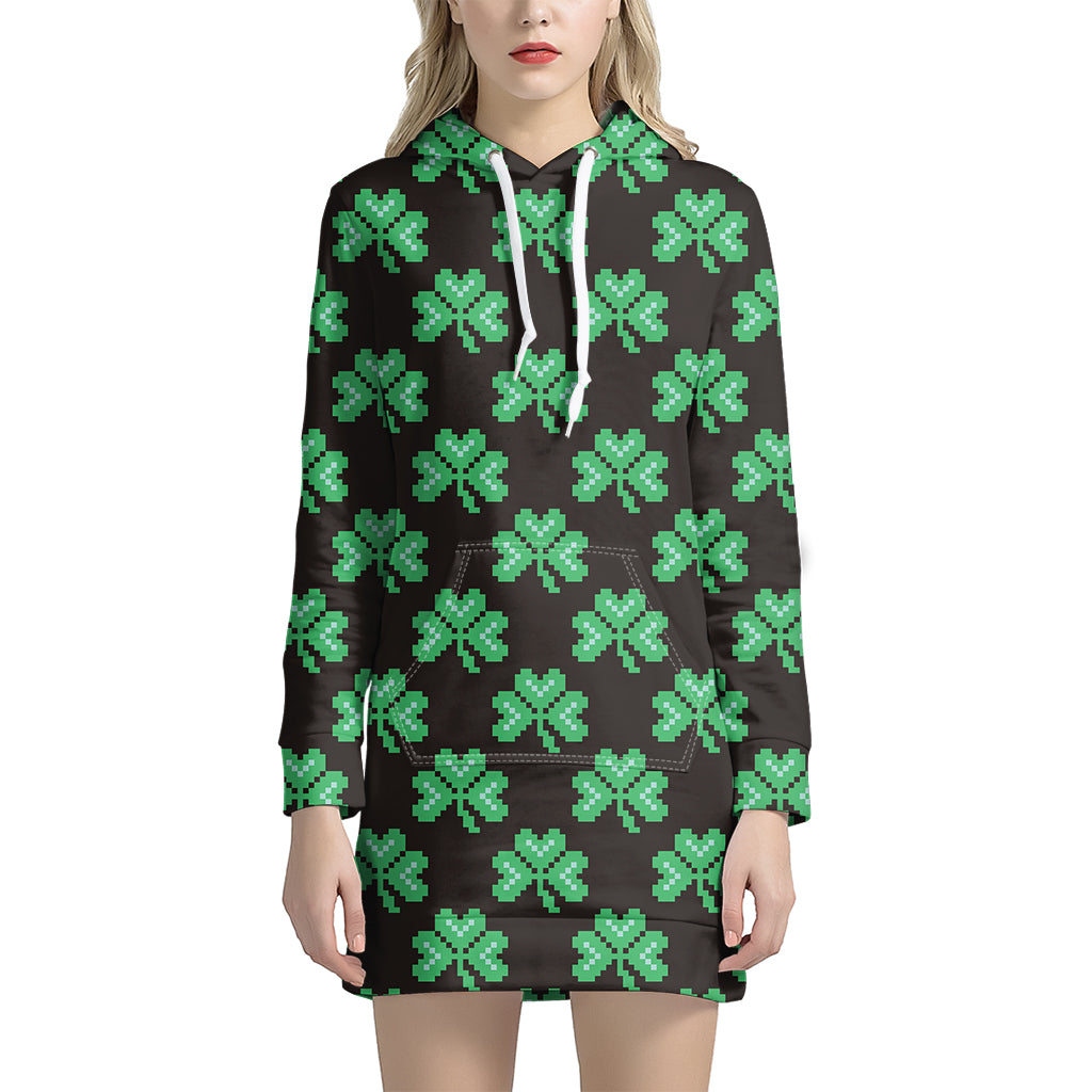 Pixel Clover St. Patrick's Day Print Women's Pullover Hoodie Dress