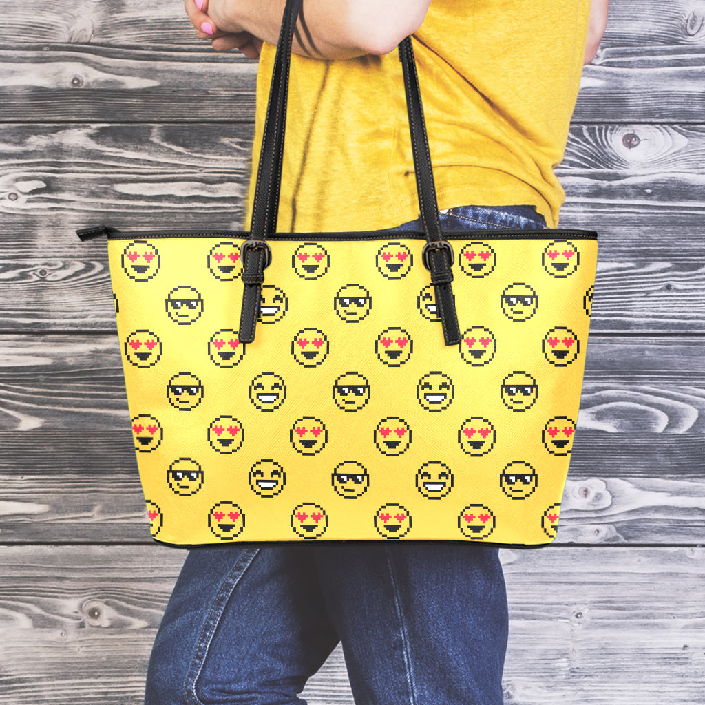 Pixel Emoji Pattern Print Leather Tote Bag