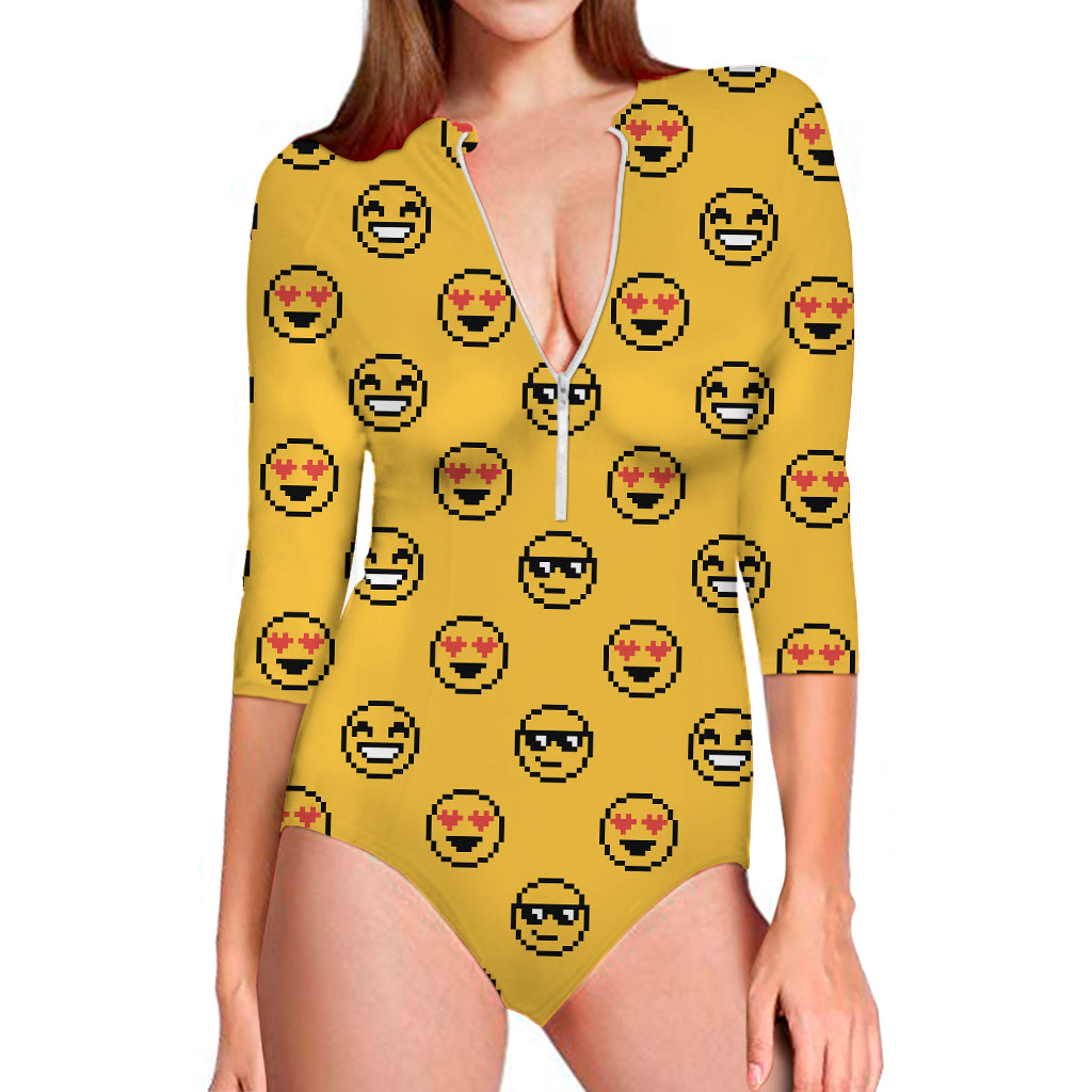 Pixel Emoji Pattern Print Long Sleeve One Piece Swimsuit