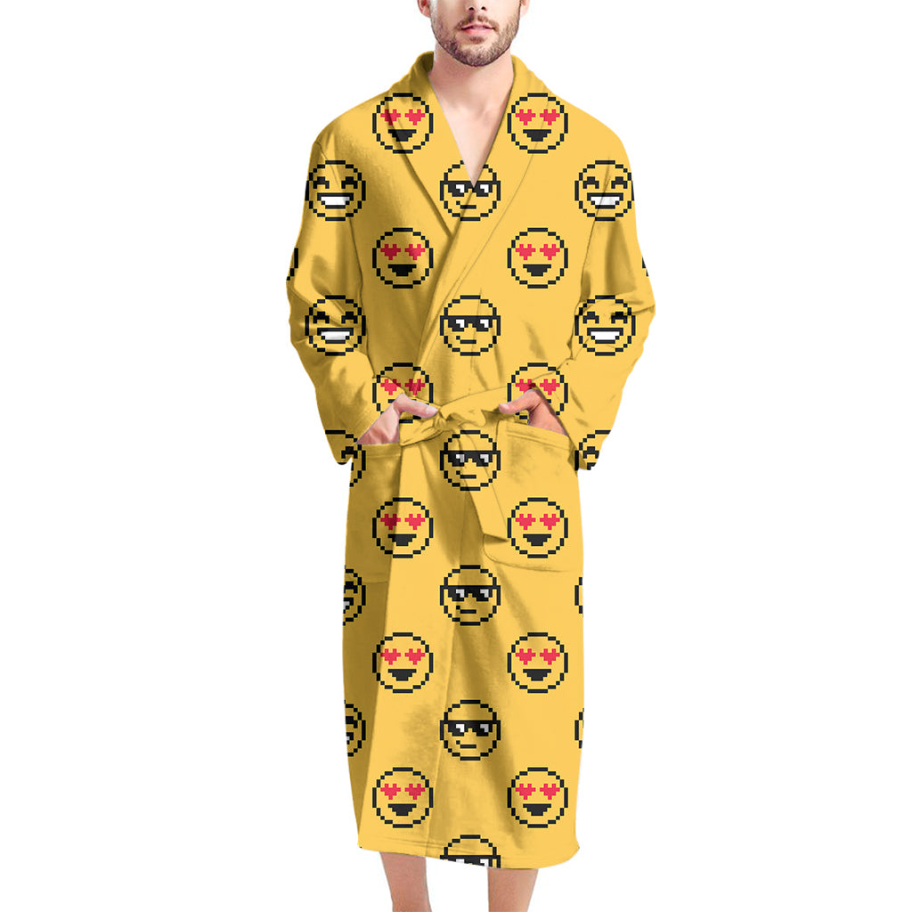 Pixel Emoji Pattern Print Men's Bathrobe