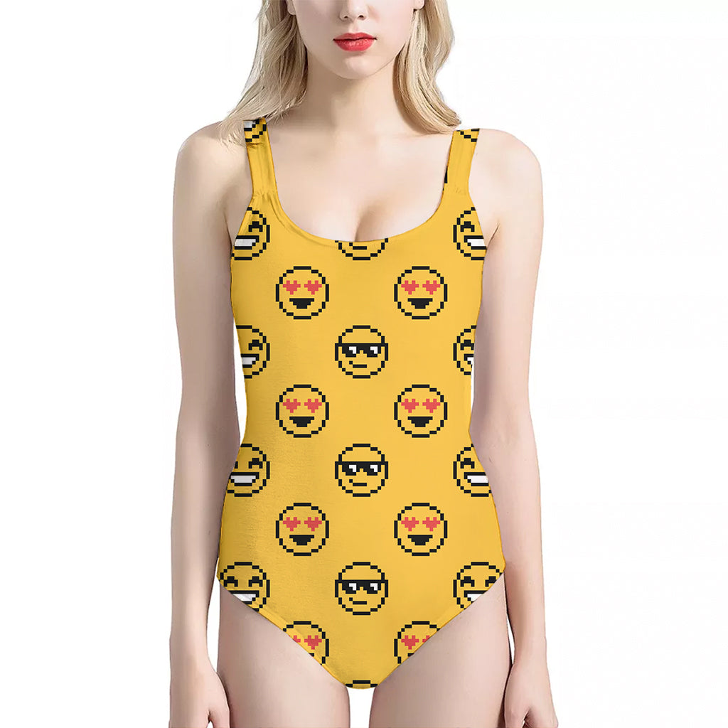 Pixel Emoji Pattern Print One Piece Halter Neck Swimsuit