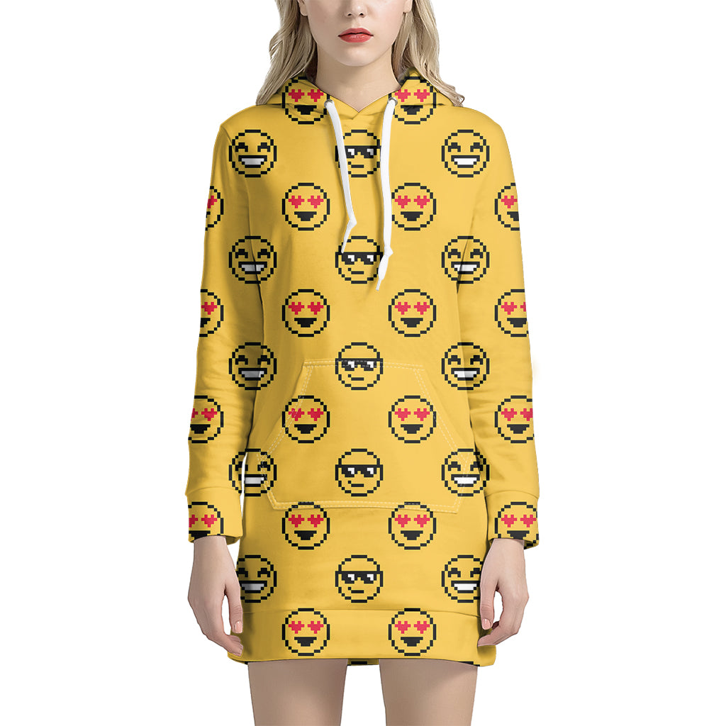 Pixel Emoji Pattern Print Women's Pullover Hoodie Dress