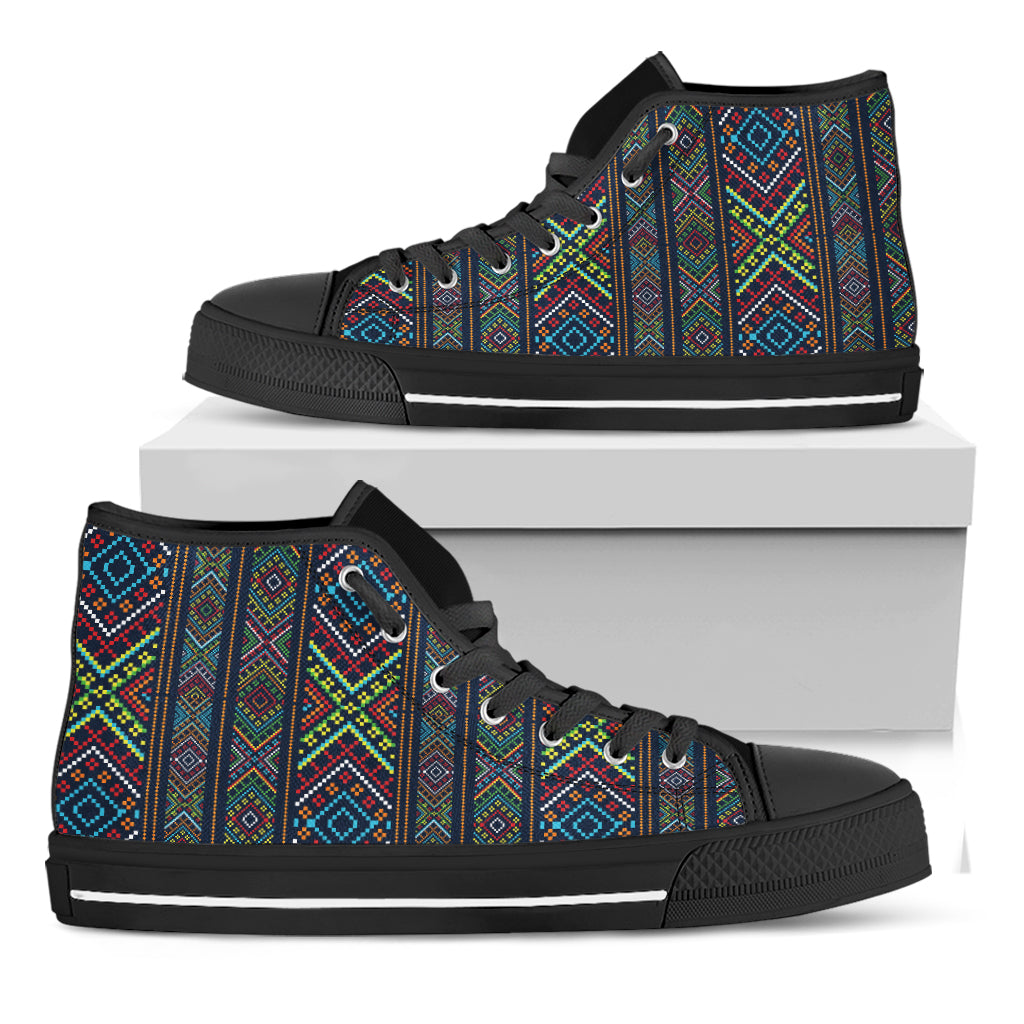 Pixel Ethnic Pattern Print Black High Top Shoes