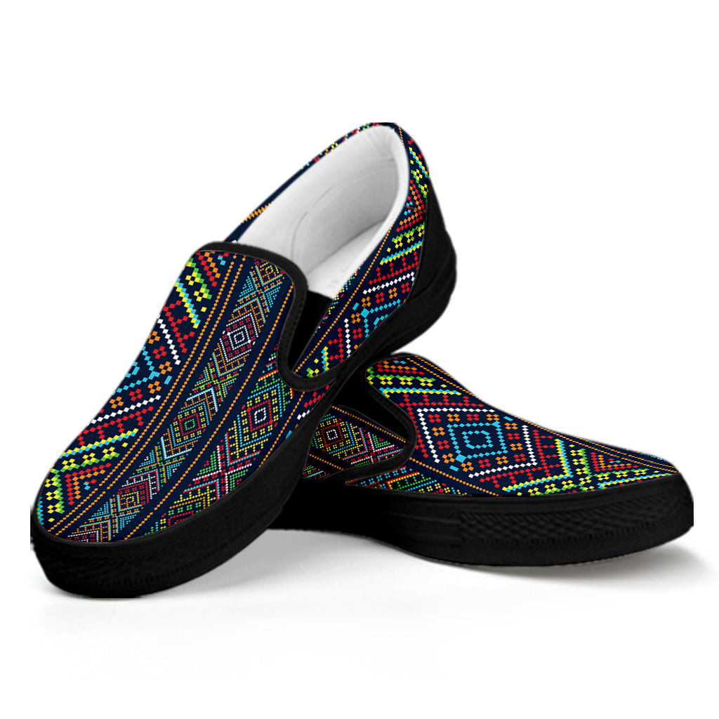 Pixel Ethnic Pattern Print Black Slip On Shoes