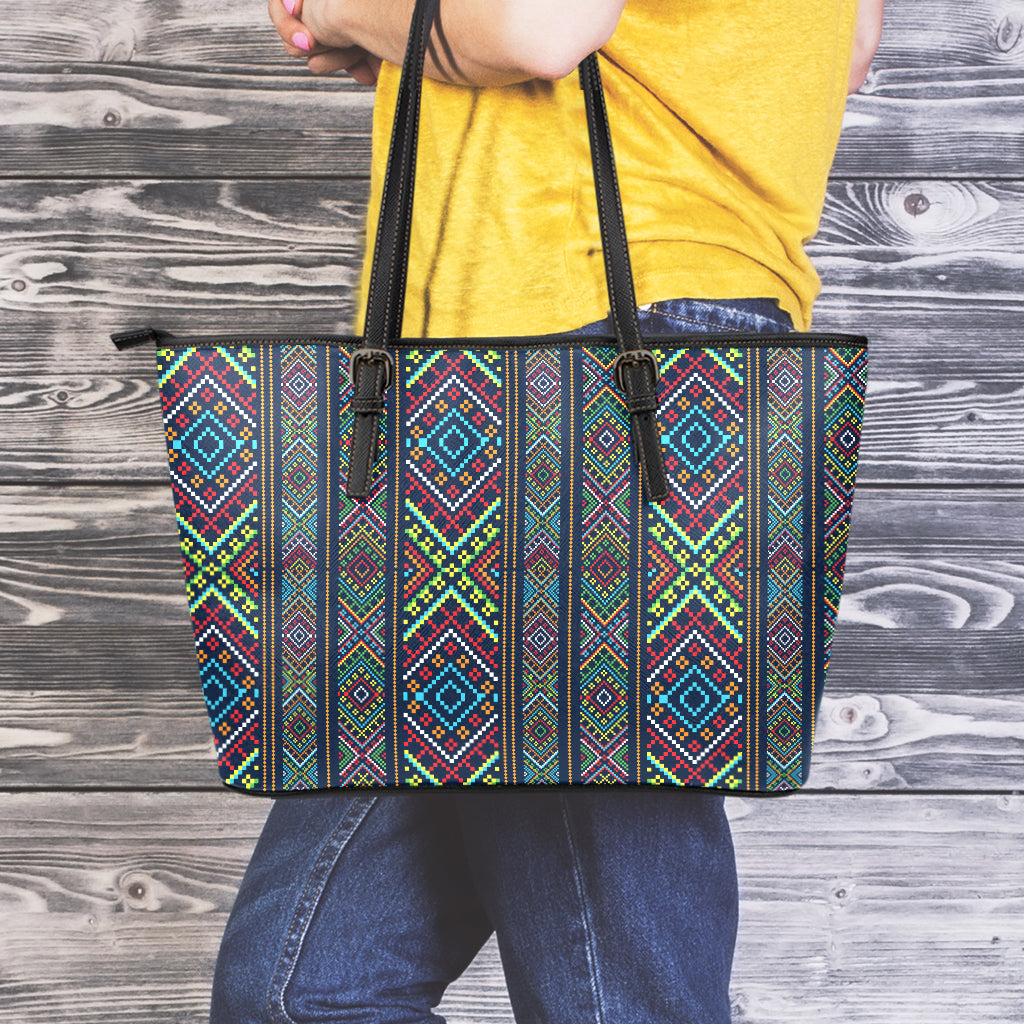 Pixel Ethnic Pattern Print Leather Tote Bag