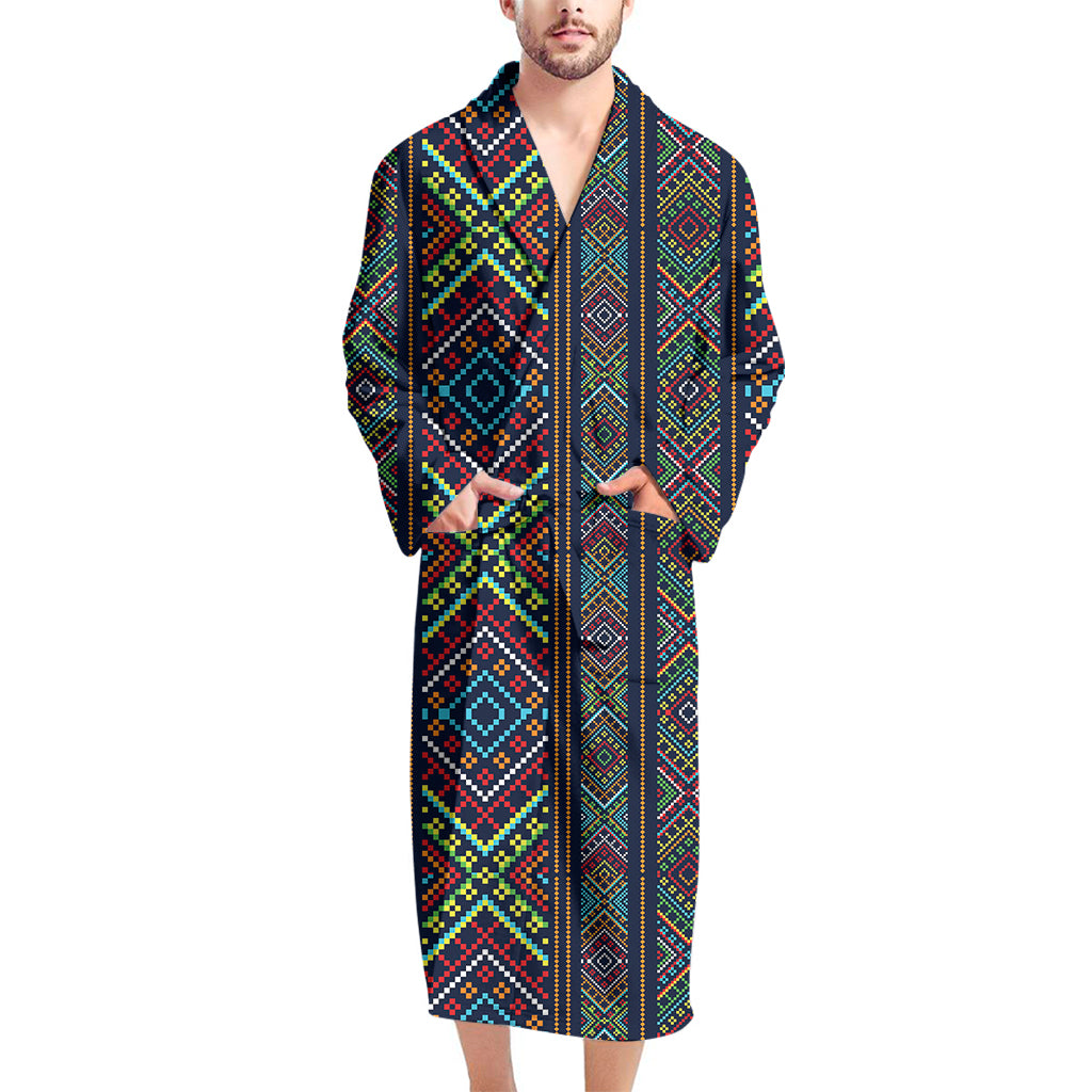 Pixel Ethnic Pattern Print Men's Bathrobe