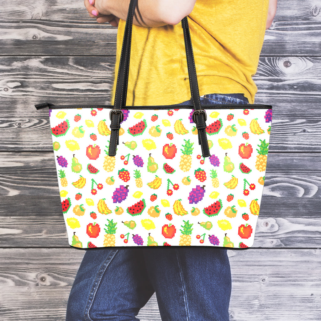 Pixel Fruits Pattern Print Leather Tote Bag