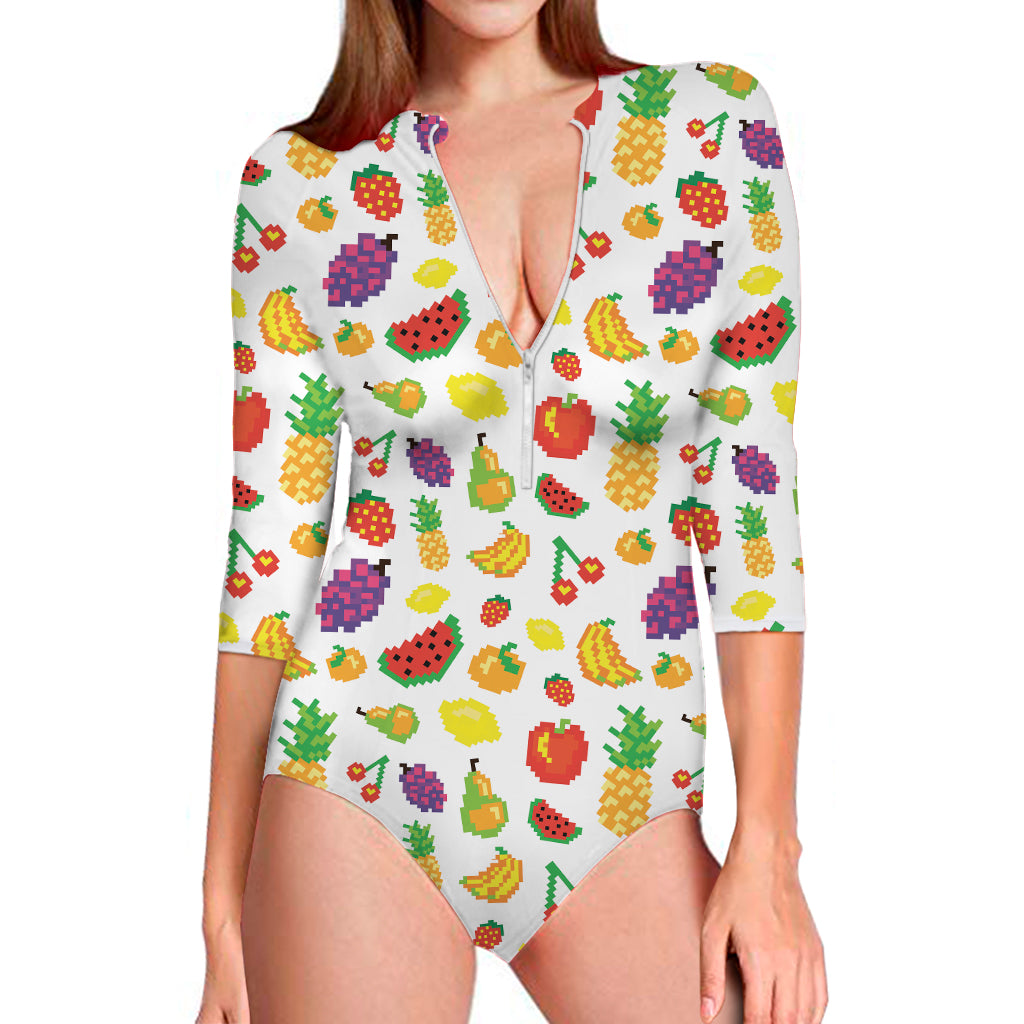 Pixel Fruits Pattern Print Long Sleeve One Piece Swimsuit