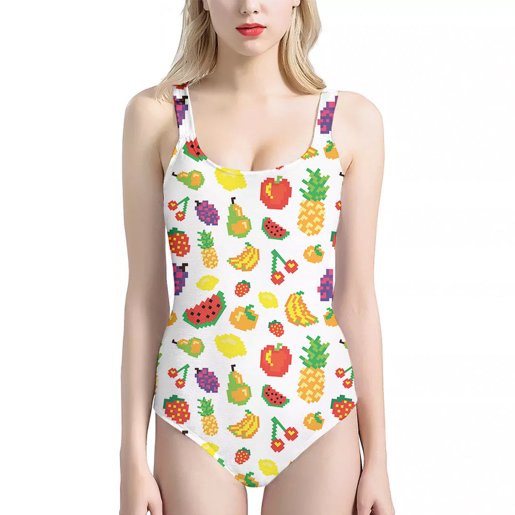 Pixel Fruits Pattern Print One Piece Halter Neck Swimsuit