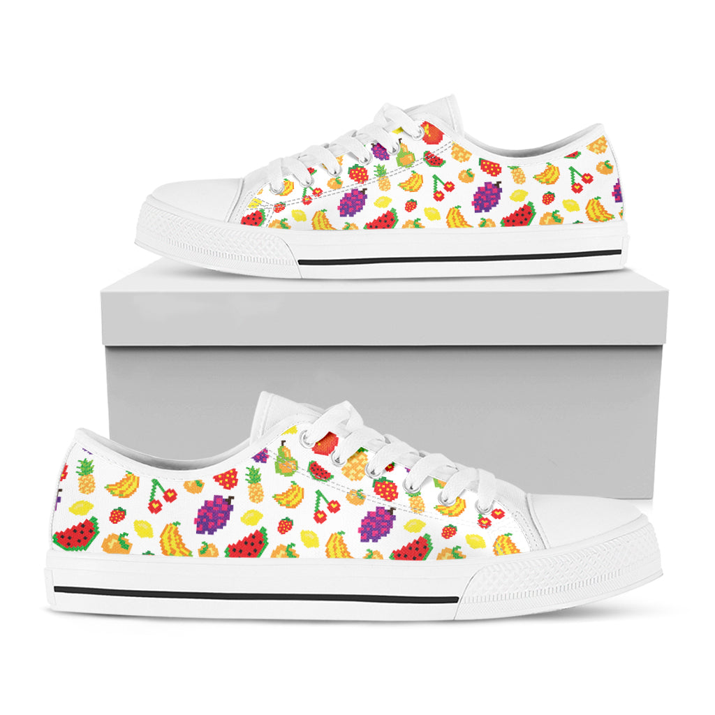 Pixel Fruits Pattern Print White Low Top Shoes