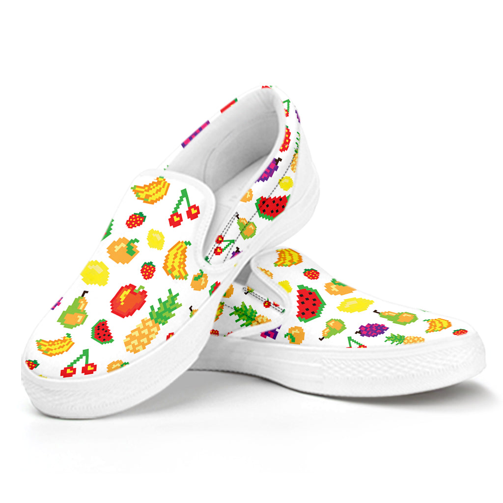 Pixel Fruits Pattern Print White Slip On Shoes