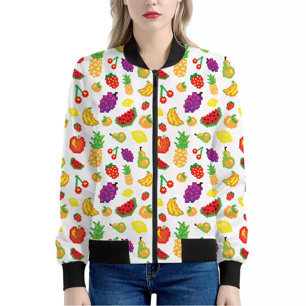 Pixel Fruits Pattern Print Women's Bomber Jacket