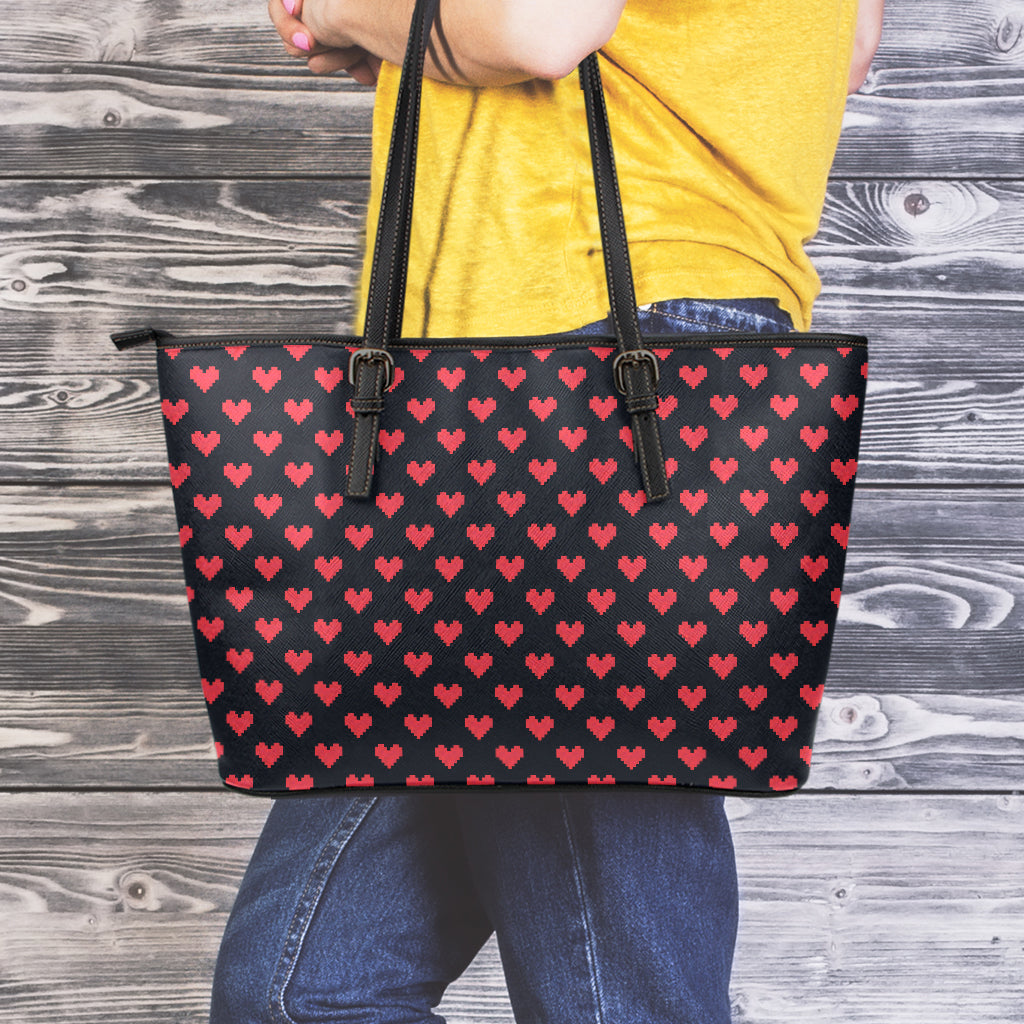 Pixel Heart Pattern Print Leather Tote Bag