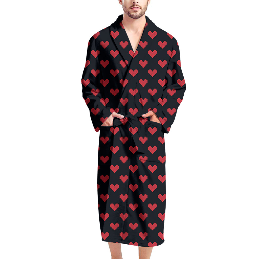 Pixel Heart Pattern Print Men's Bathrobe