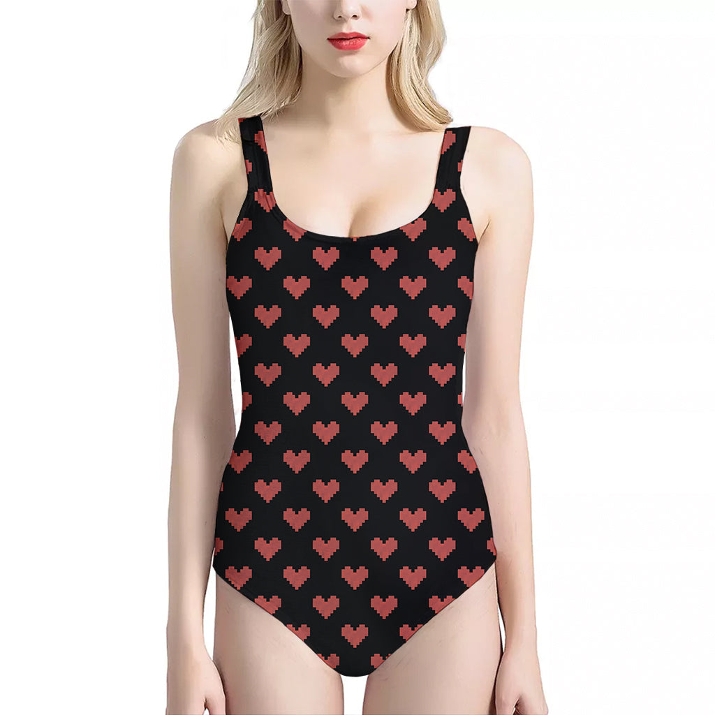 Pixel Heart Pattern Print One Piece Halter Neck Swimsuit