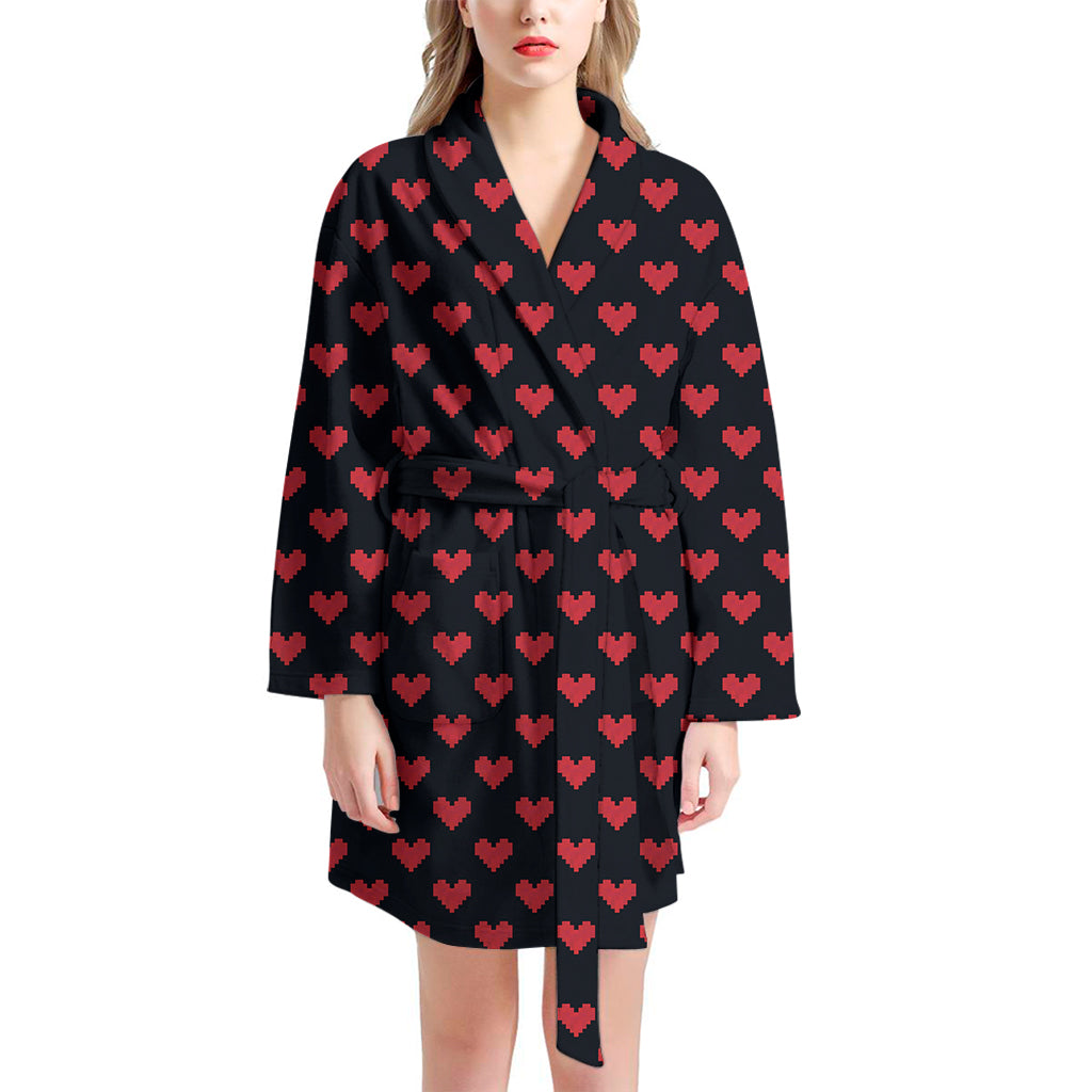 Pixel Heart Pattern Print Women's Bathrobe