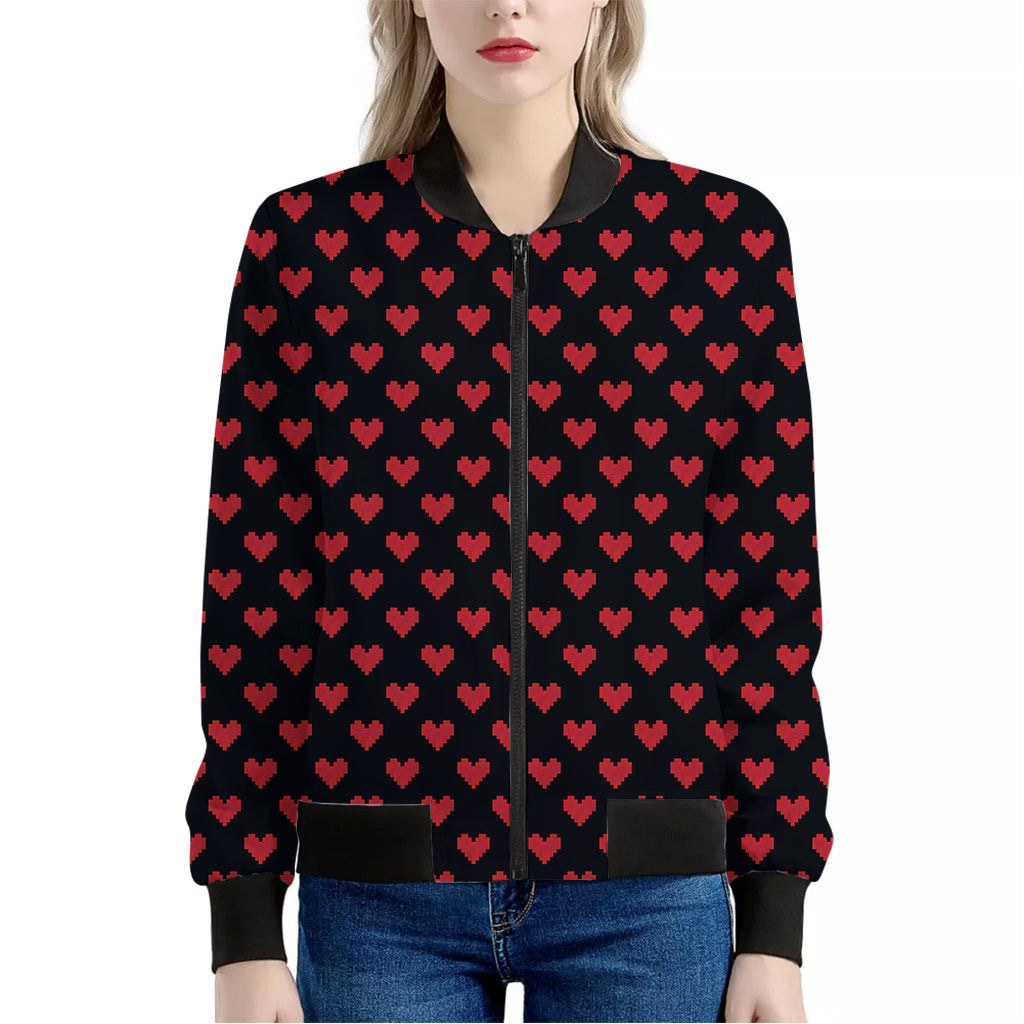 Pixel Heart Pattern Print Women's Bomber Jacket