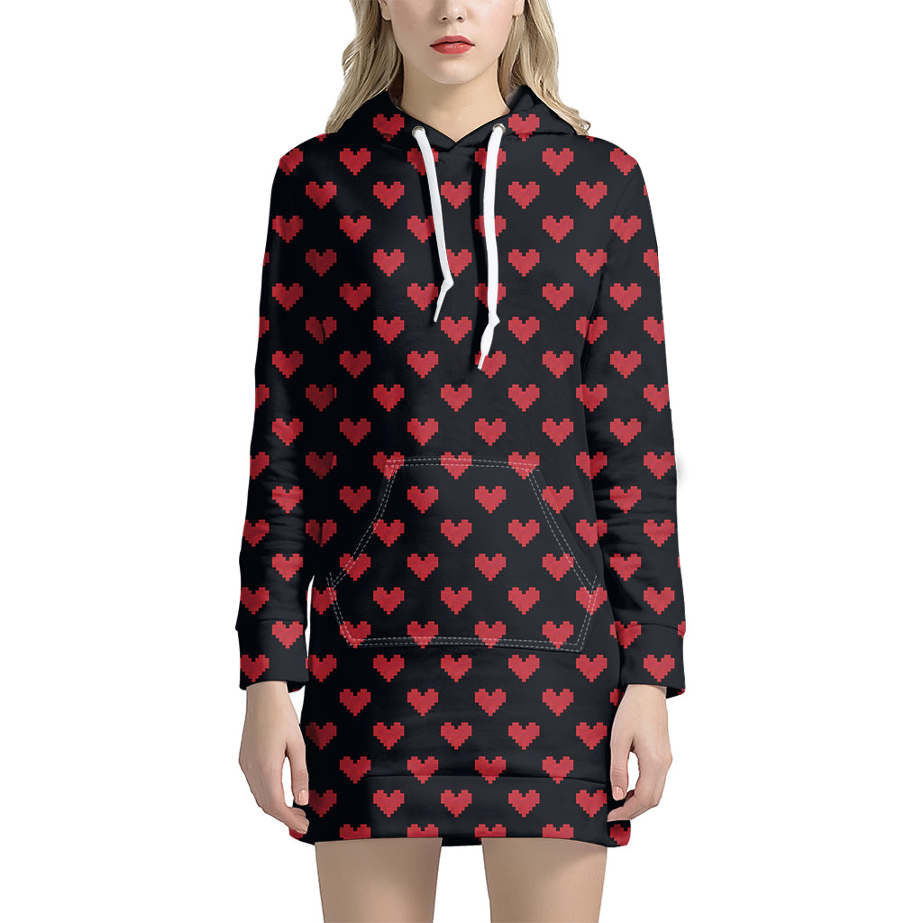 Pixel Heart Pattern Print Women's Pullover Hoodie Dress