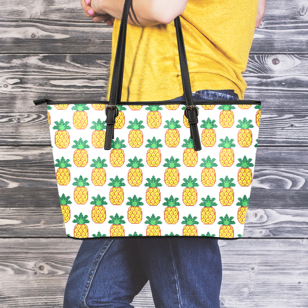 Pixel Pineapple Pattern Print Leather Tote Bag