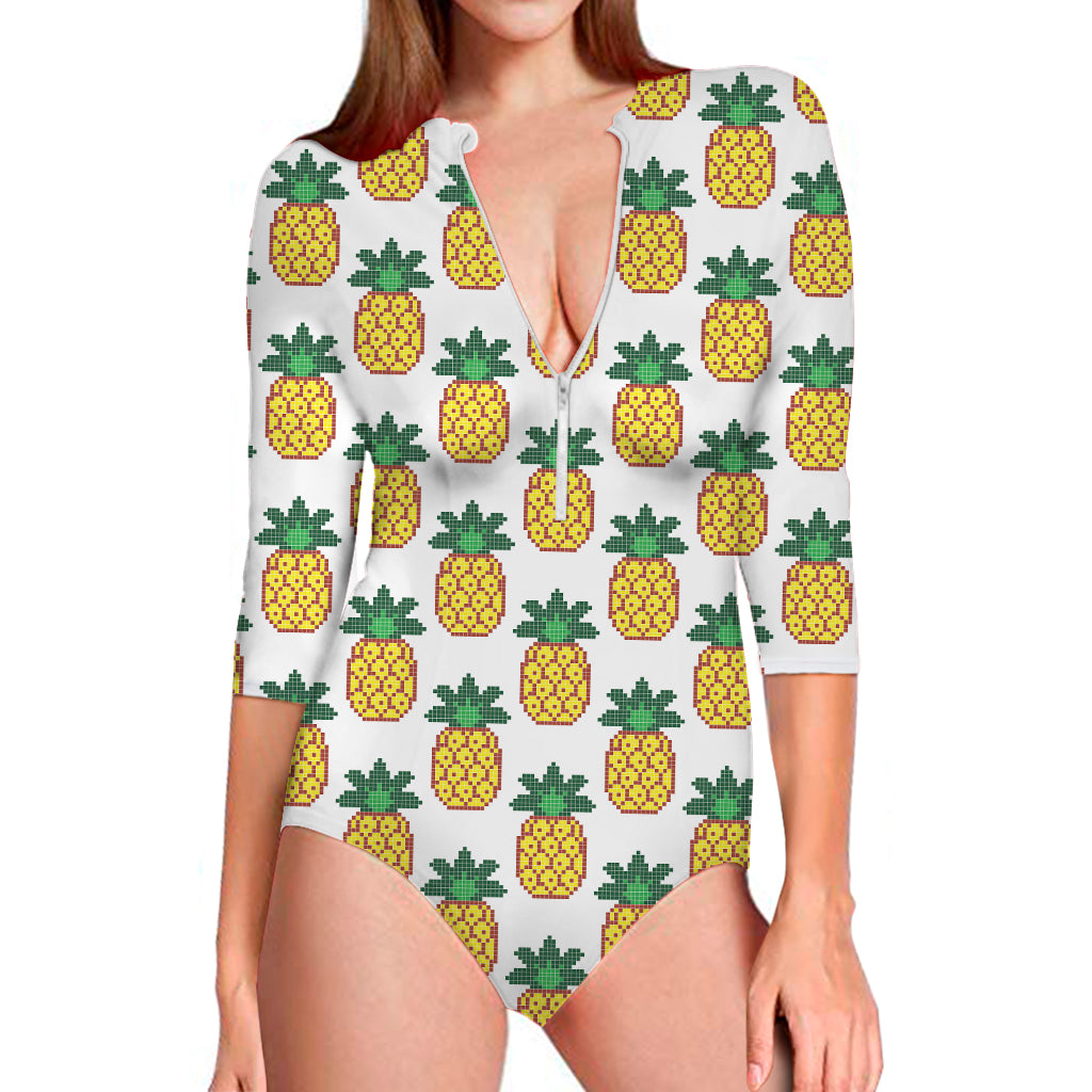 Pixel Pineapple Pattern Print Long Sleeve One Piece Swimsuit