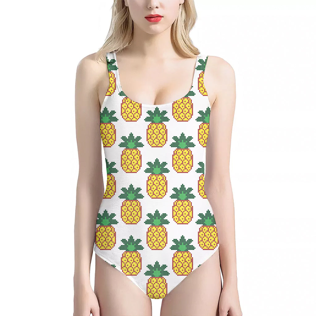 Pixel Pineapple Pattern Print One Piece Halter Neck Swimsuit