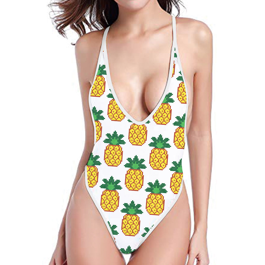 Pixel Pineapple Pattern Print One Piece High Cut Swimsuit