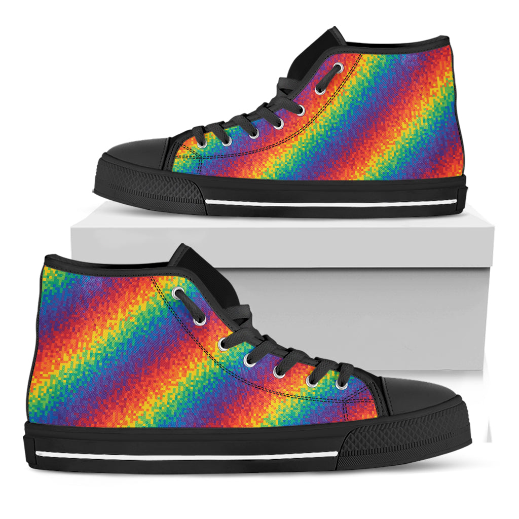 Pixel Rainbow Pattern Print Black High Top Shoes