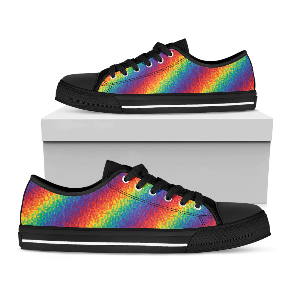 Pixel Rainbow Pattern Print Black Low Top Shoes