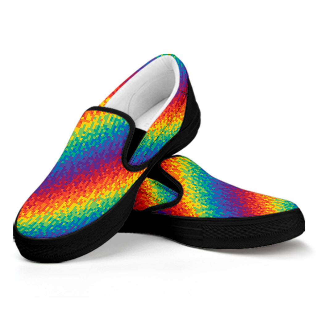 Pixel Rainbow Pattern Print Black Slip On Shoes