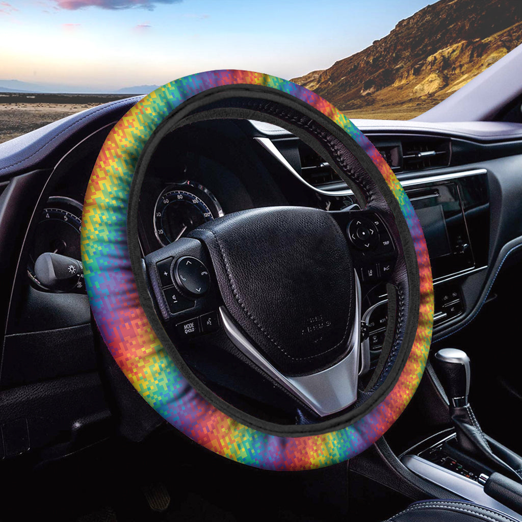 Pixel Rainbow Pattern Print Car Steering Wheel Cover