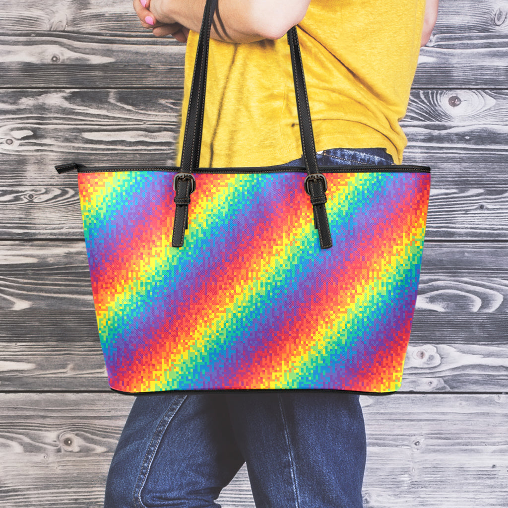 Pixel Rainbow Pattern Print Leather Tote Bag