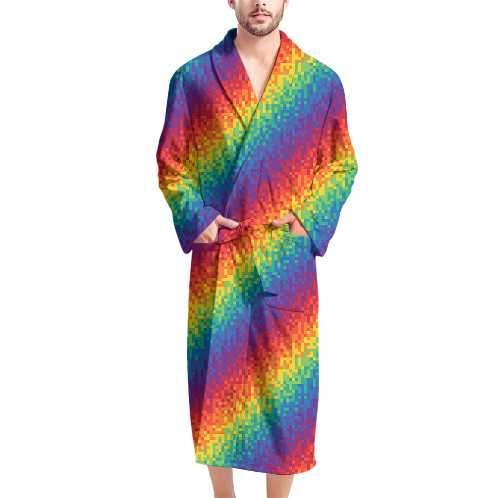 Pixel Rainbow Pattern Print Men's Bathrobe